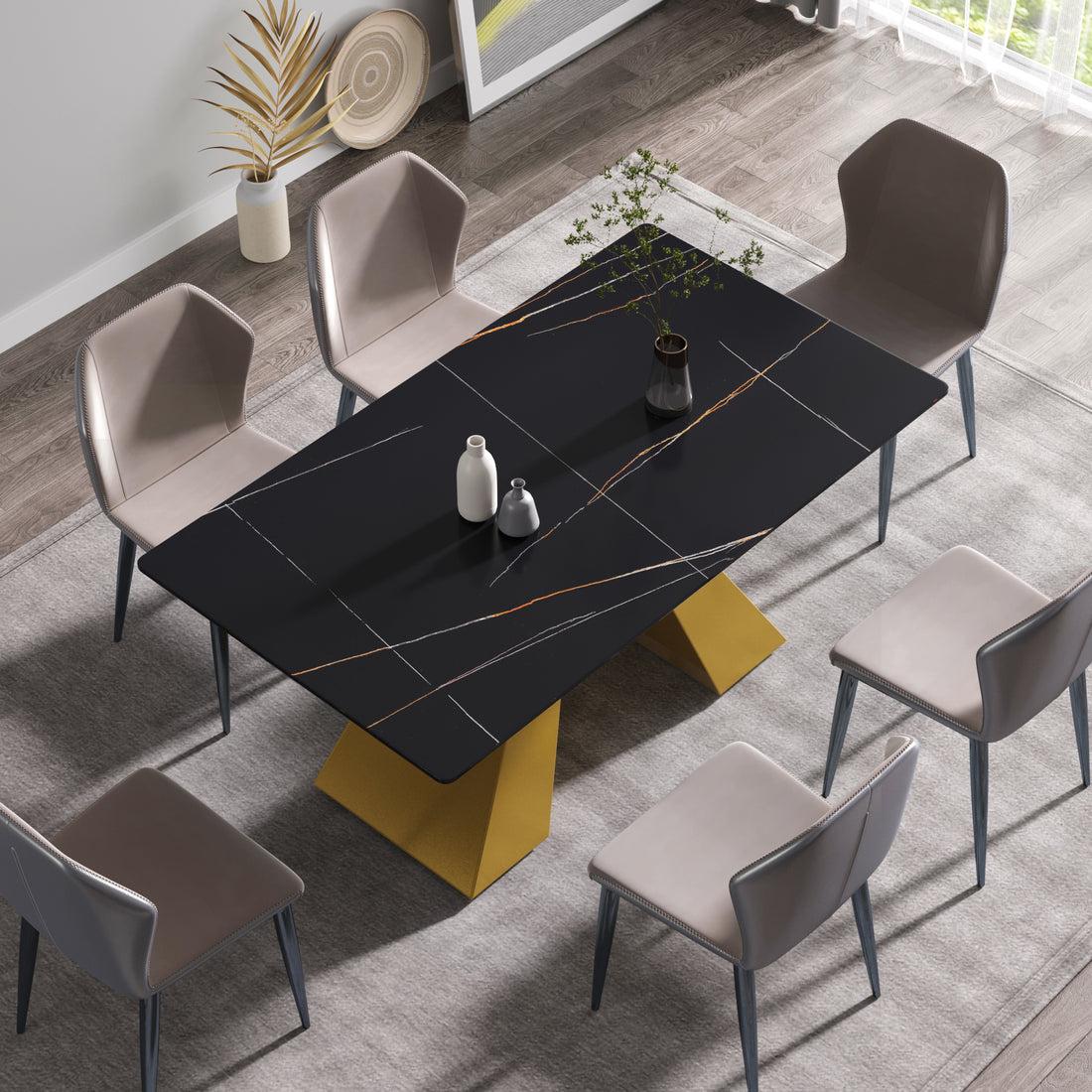 63"Modern Artificial Stone Black Straight Edge Golden Metal Leg Dining Table 6 People Black Metal Sintered Stone