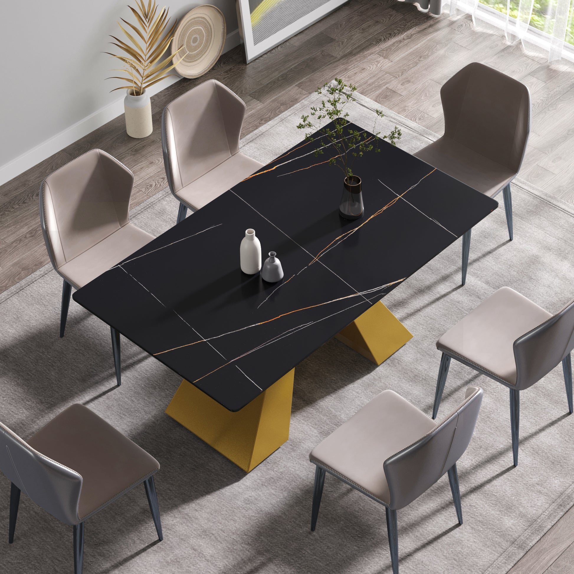 63"Modern Artificial Stone Black Straight Edge Golden Metal Leg Dining Table 6 People Black Metal Sintered Stone