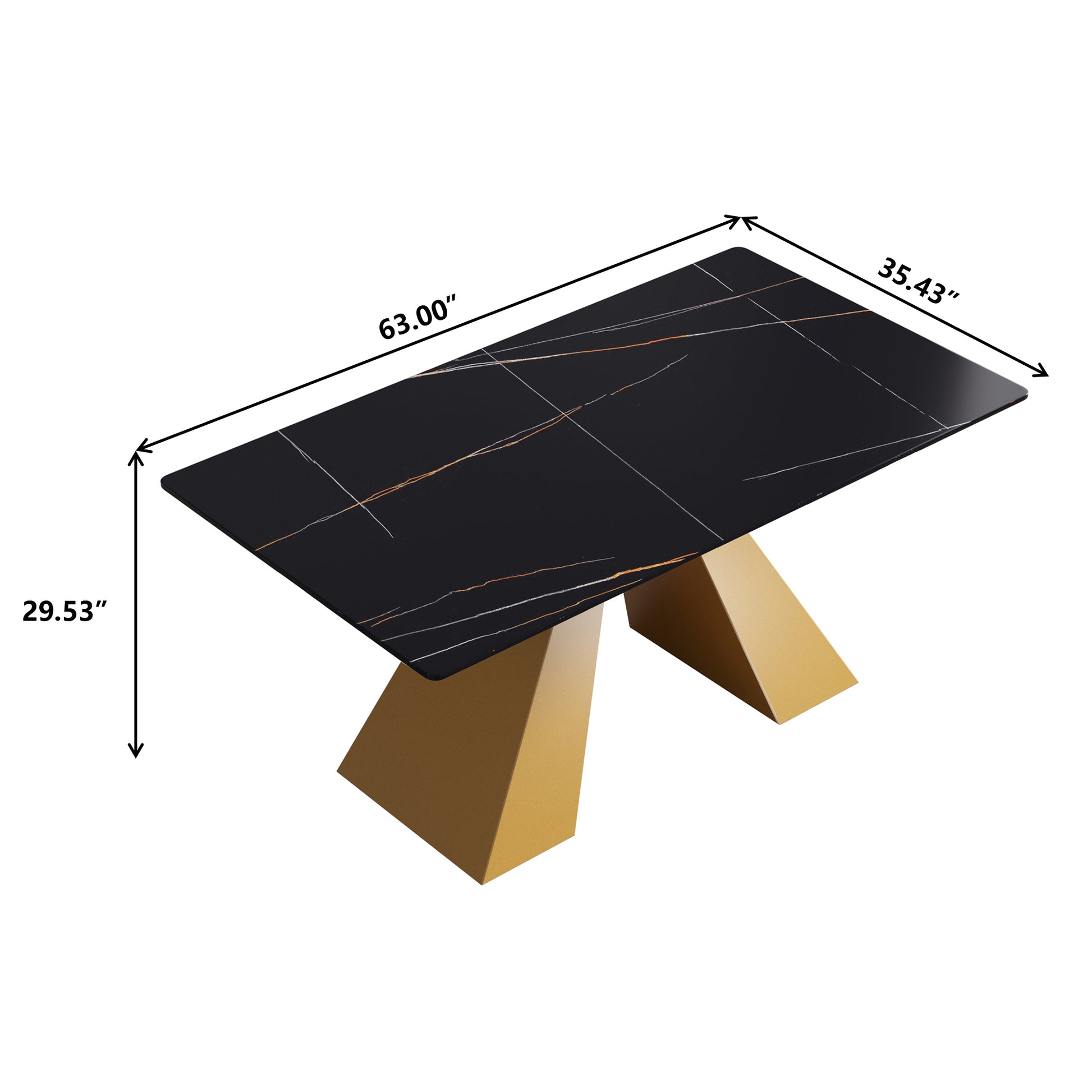 63"Modern Artificial Stone Black Straight Edge Golden Metal Leg Dining Table 6 People Black Metal Sintered Stone