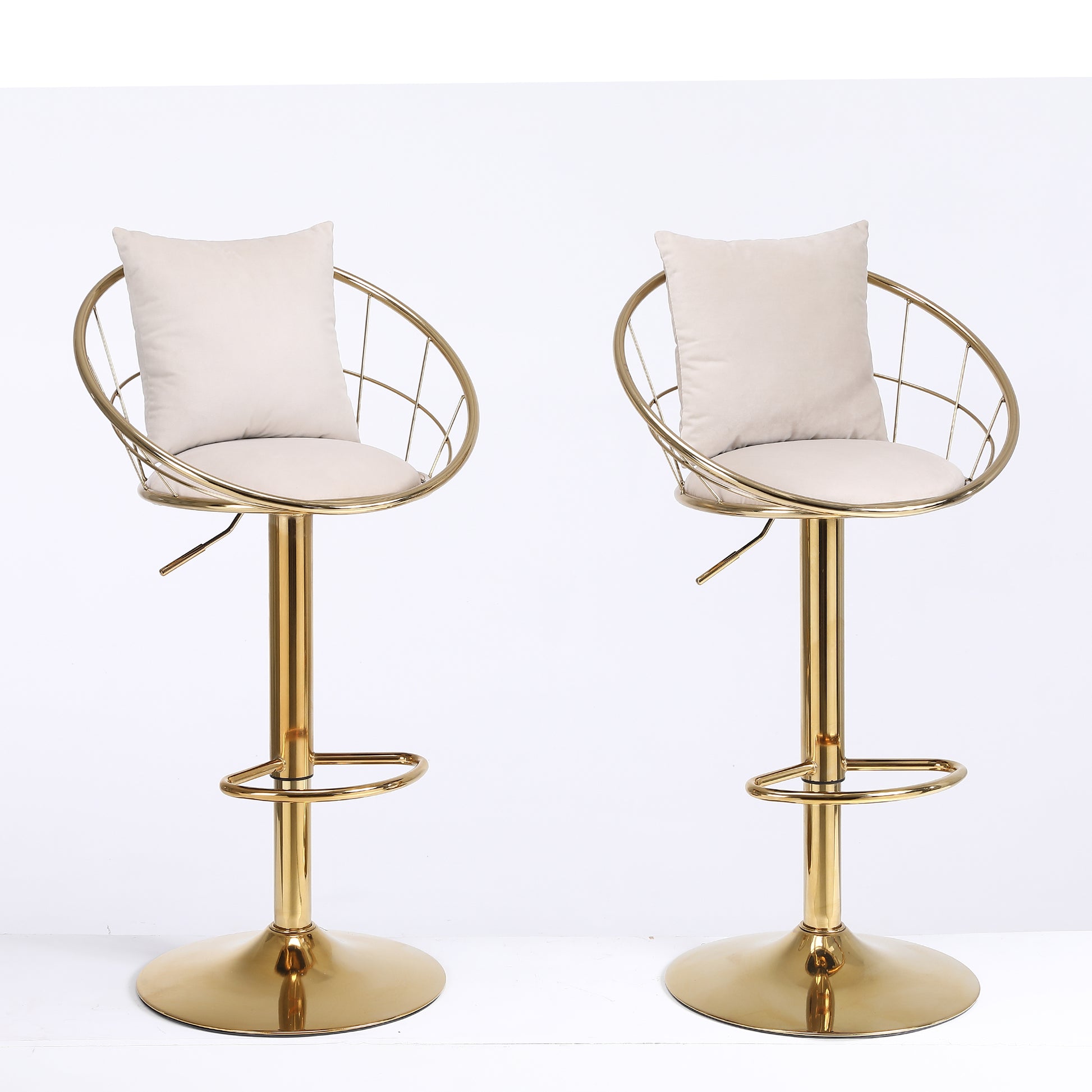 Off White Velvet Bar Chair, Pure Gold Plated, Unique Design,360 Degree Rotation, Adjustable Height,Suitable For Dinning Room And Bar,Set Of 2 Off White Velvet