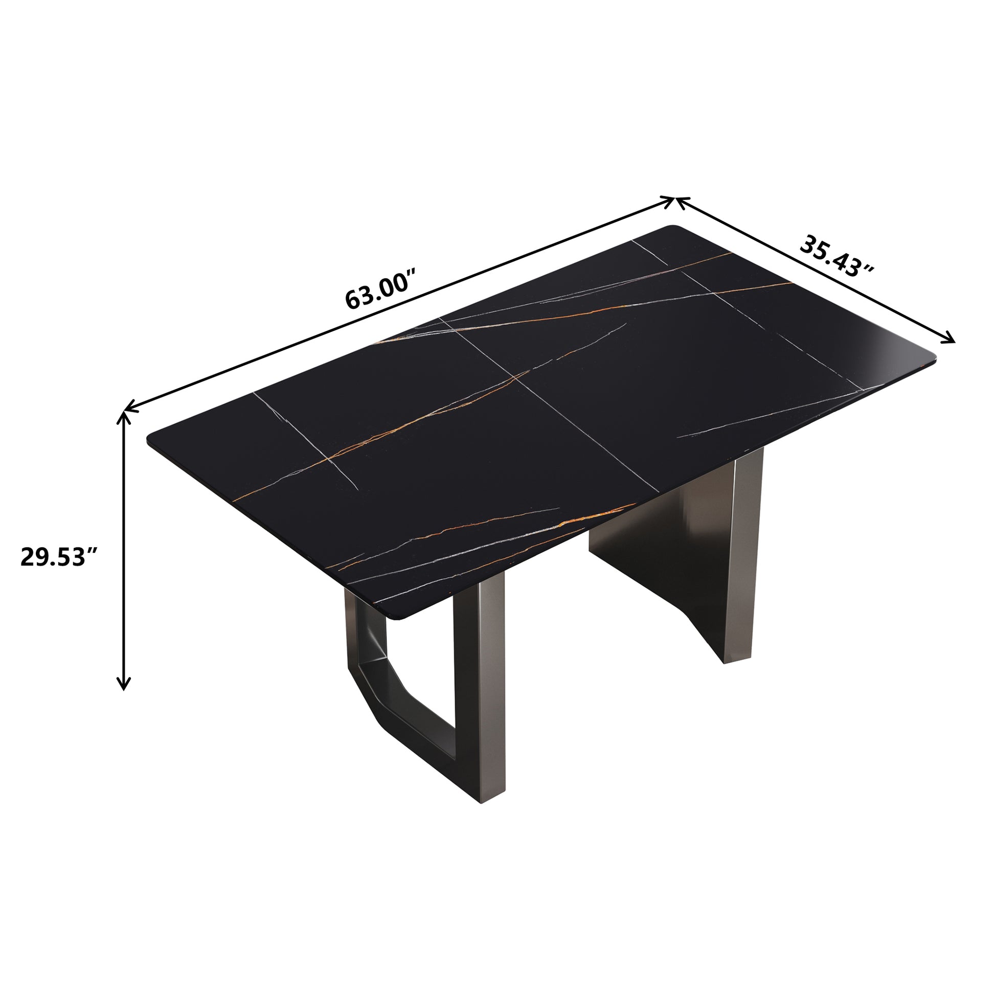 63"Modern Artificial Stone Black Straight Edge Black Metal Leg Dining Table 6 People Black Metal Sintered Stone