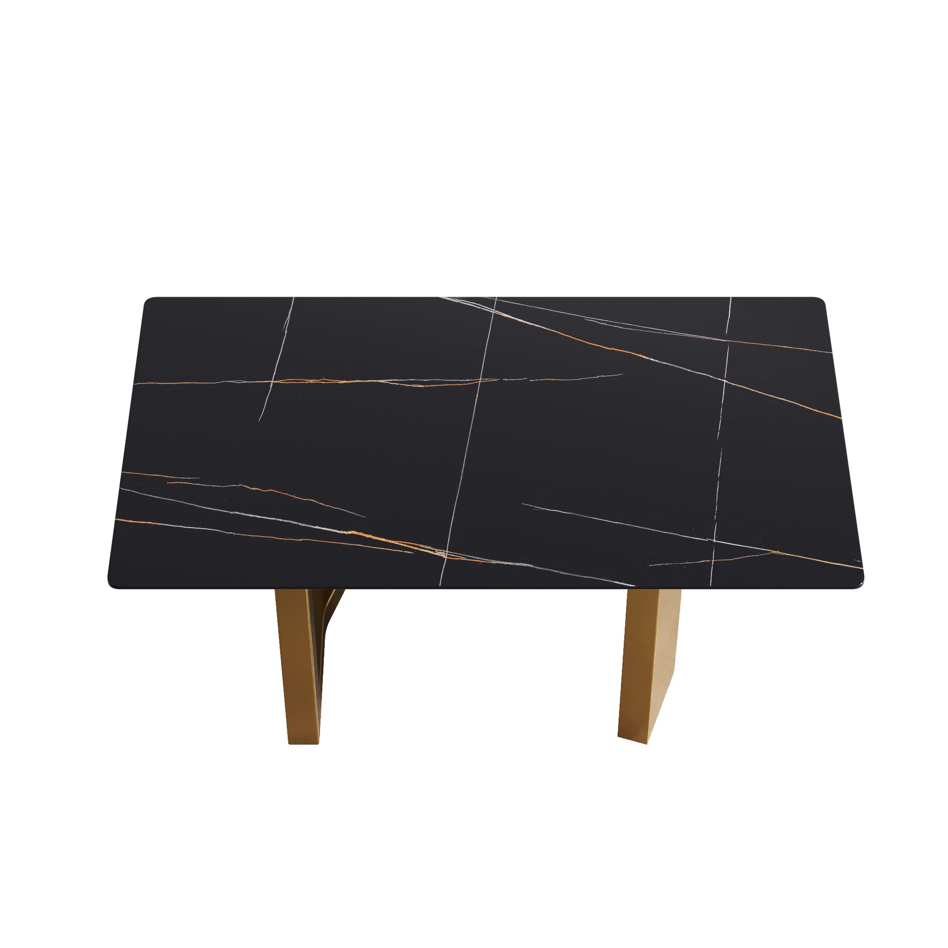 63"Modern Artificial Stone Black Straight Edge Golden Metal Leg Dining Table 6 People Black Metal Sintered Stone