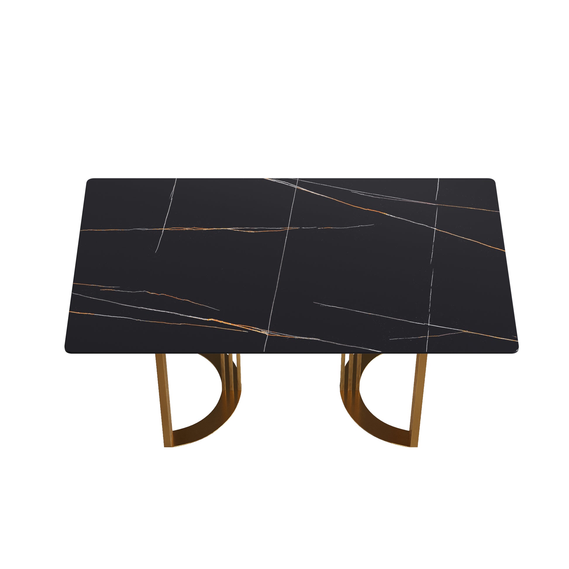 63"Modern Artificial Stone Black Straight Edge Golden Metal Leg Dining Table 6 People Black Metal Sintered Stone