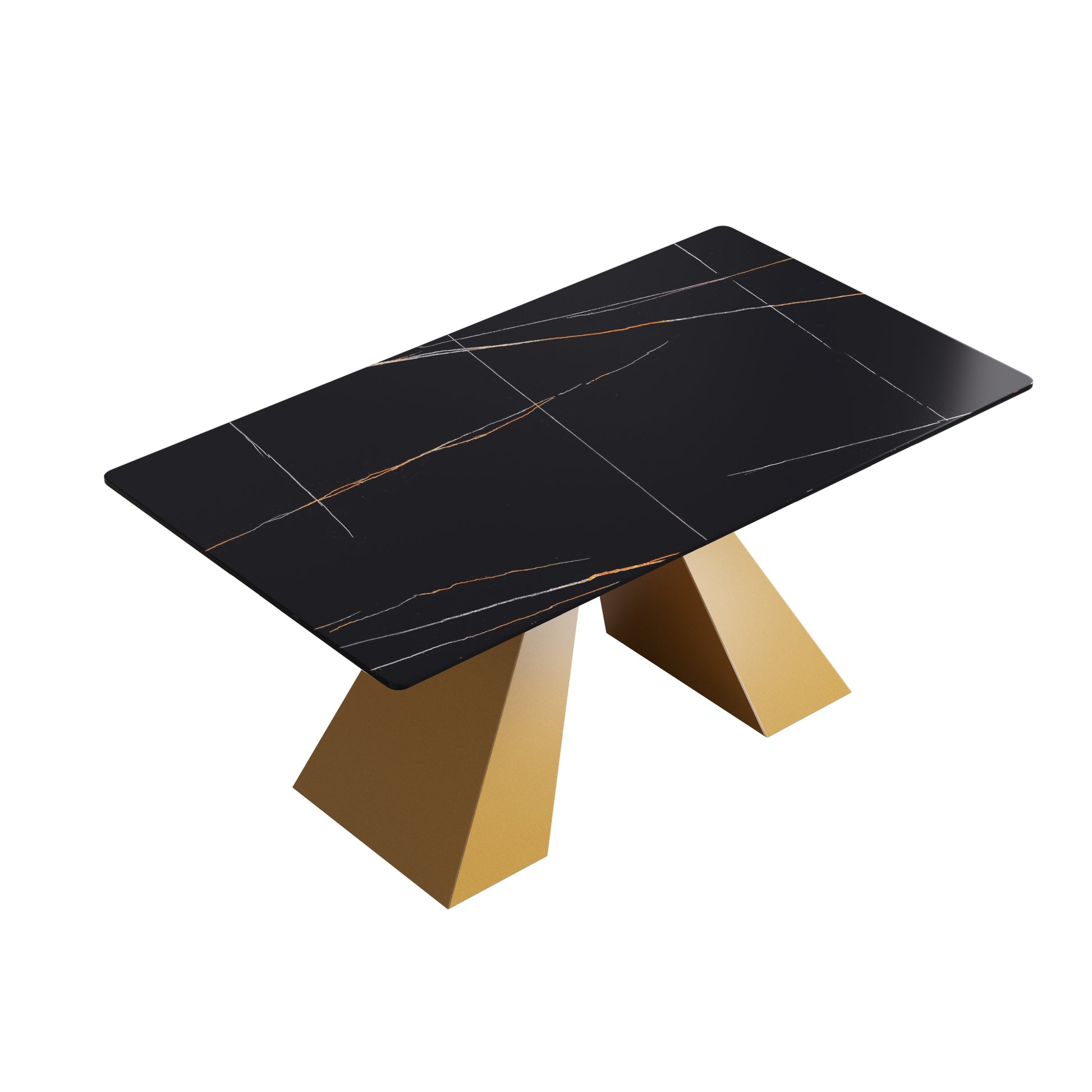63"Modern Artificial Stone Black Straight Edge Golden Metal Leg Dining Table 6 People Black Metal Sintered Stone