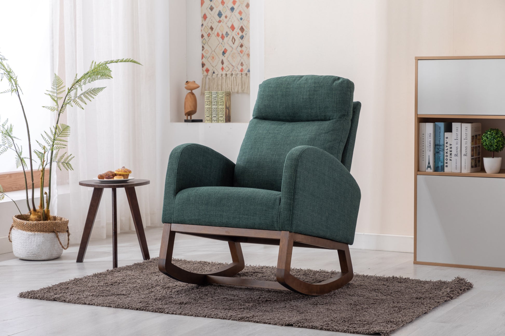 Coolmore Rocking Chair, Modern Glider Chair, Recliner Armchair With Wood Legs And Side Pocket, Nursery Rocking Accent Chair With High Back For Living Room Bedroom Emerald Linen Emerald Foam Solid Wood