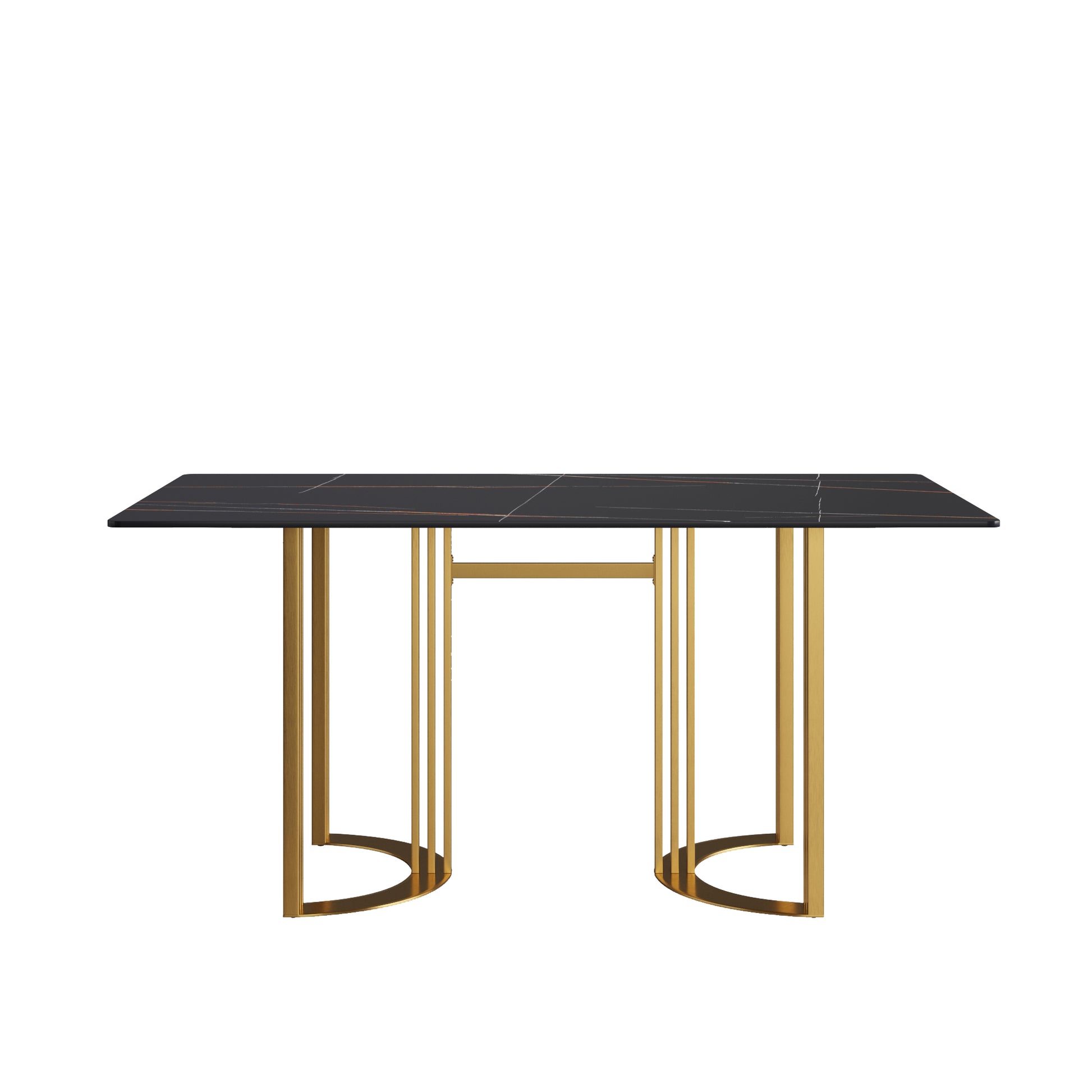 63"Modern Artificial Stone Black Straight Edge Golden Metal Leg Dining Table 6 People Black Metal Sintered Stone