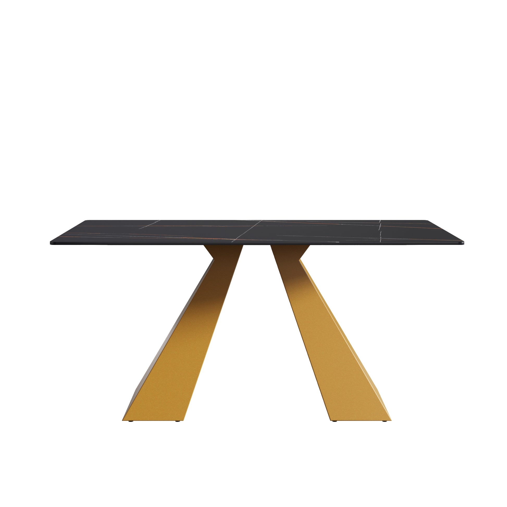 63"Modern Artificial Stone Black Straight Edge Golden Metal Leg Dining Table 6 People Black Metal Sintered Stone