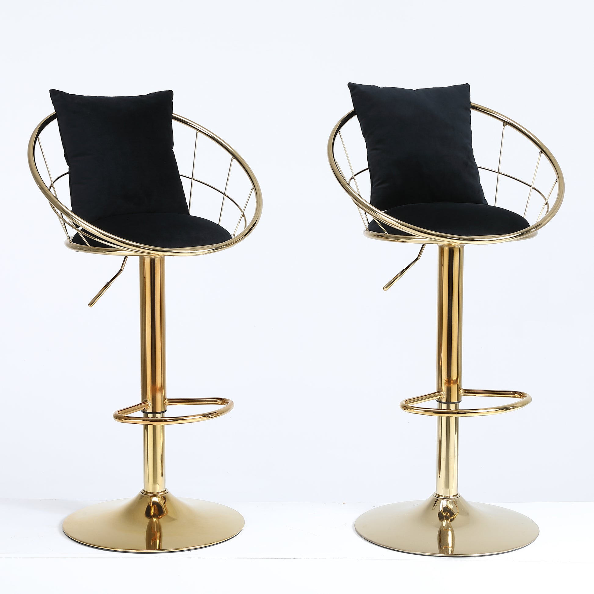 Black Velvet Bar Chair, Pure Gold Plated, Unique Design,360 Degree Rotation, Adjustable Height,Suitable For Dinning Room And Bar,Set Of 2 Black Velvet