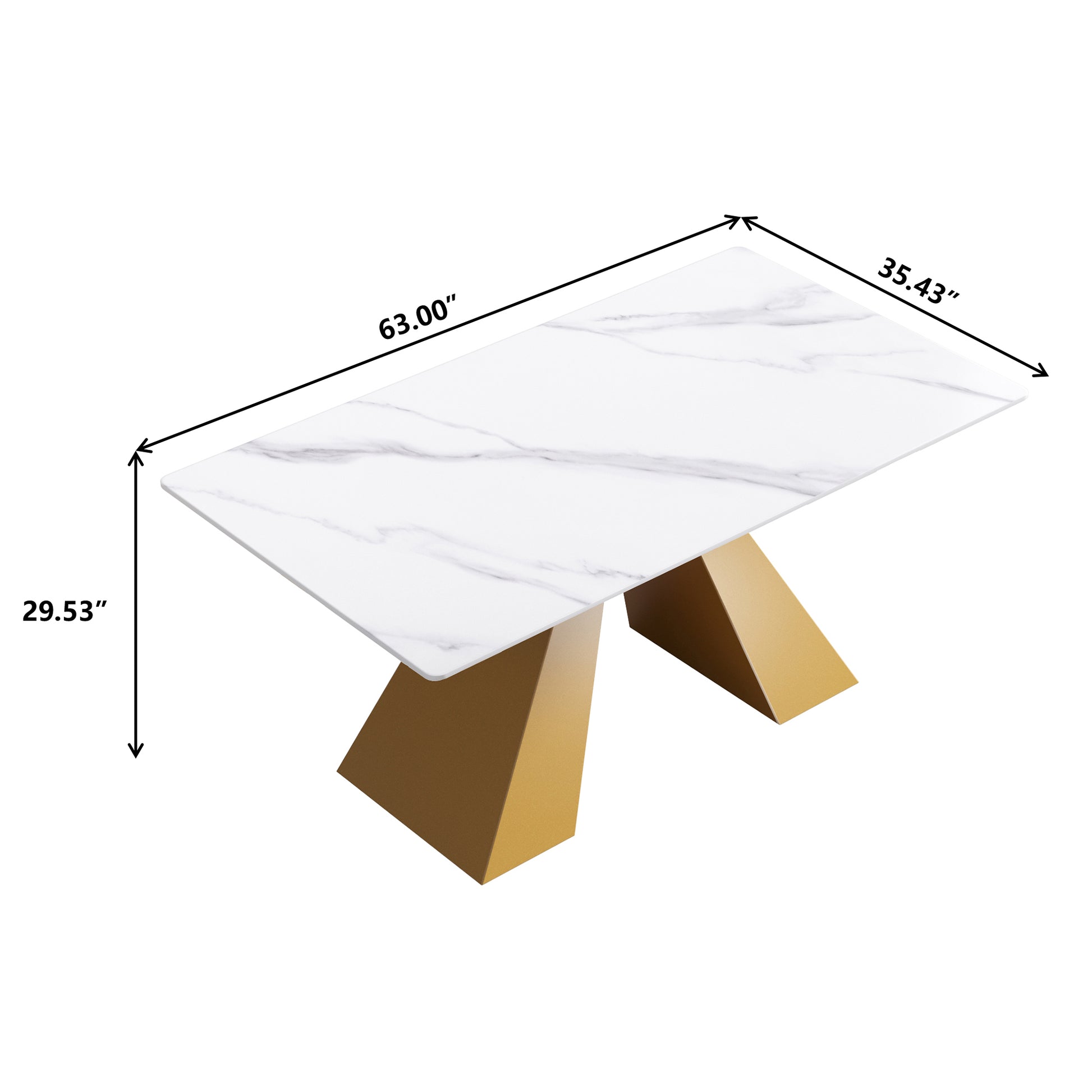 63"Modern Artificial Stone White Straight Edge Golden Metal Leg Dining Table 6 People White Metal Sintered Stone