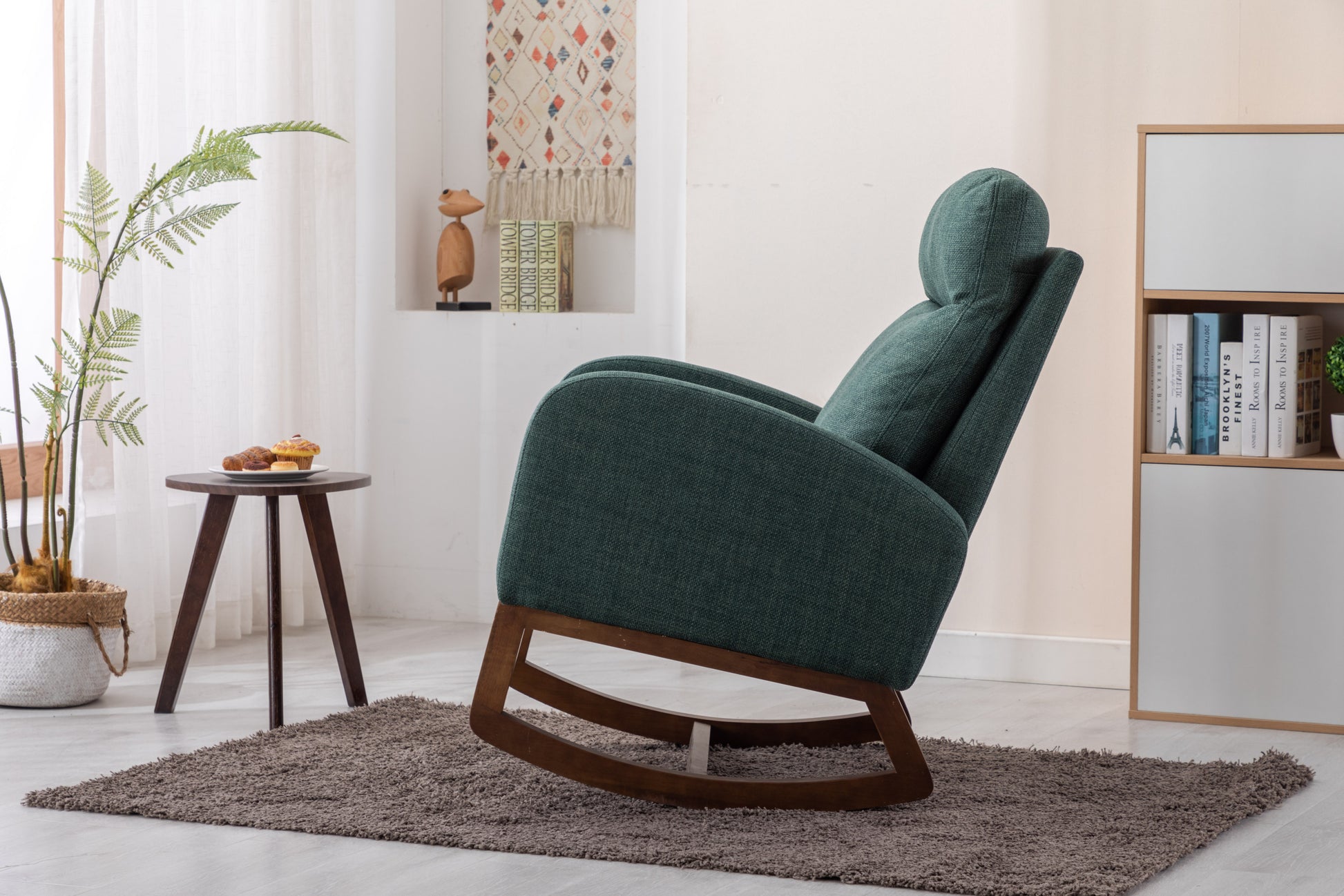 Coolmore Rocking Chair, Modern Glider Chair, Recliner Armchair With Wood Legs And Side Pocket, Nursery Rocking Accent Chair With High Back For Living Room Bedroom Emerald Linen Emerald Foam Solid Wood