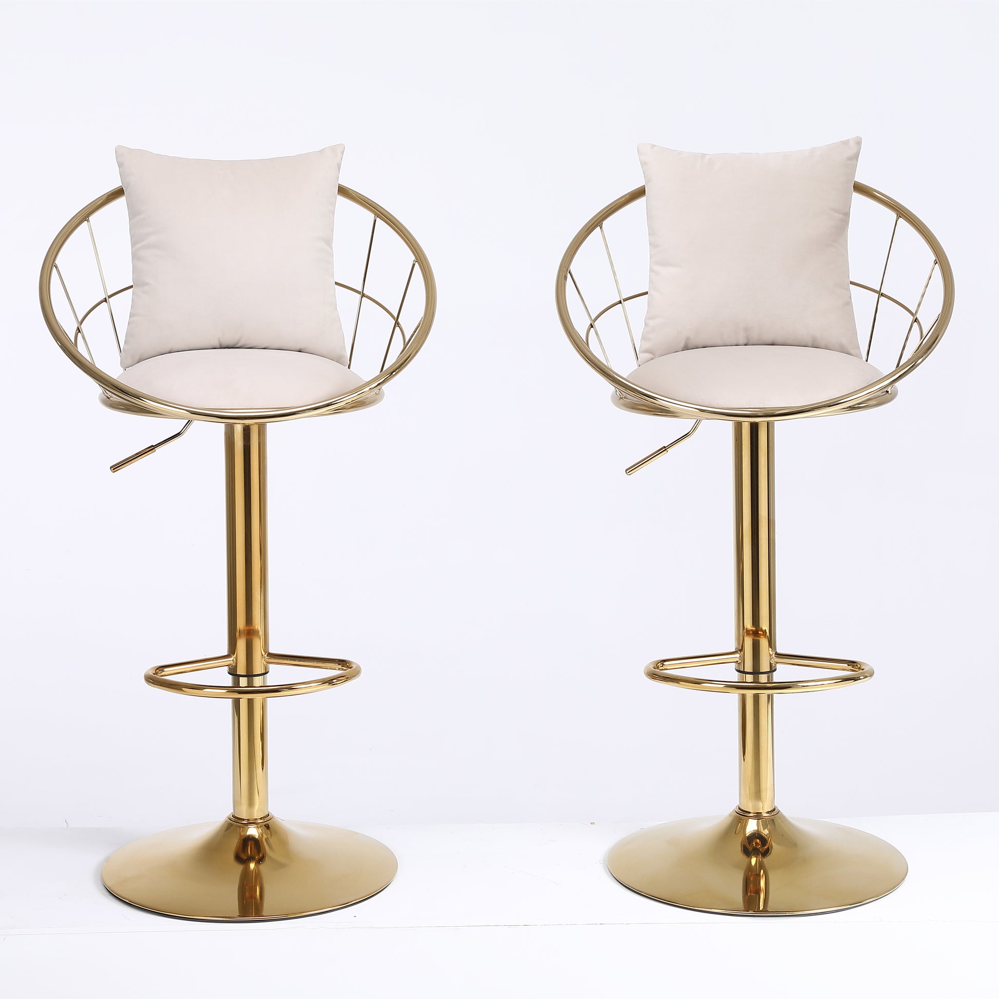 Off White Velvet Bar Chair, Pure Gold Plated, Unique Design,360 Degree Rotation, Adjustable Height,Suitable For Dinning Room And Bar,Set Of 2 Off White Velvet