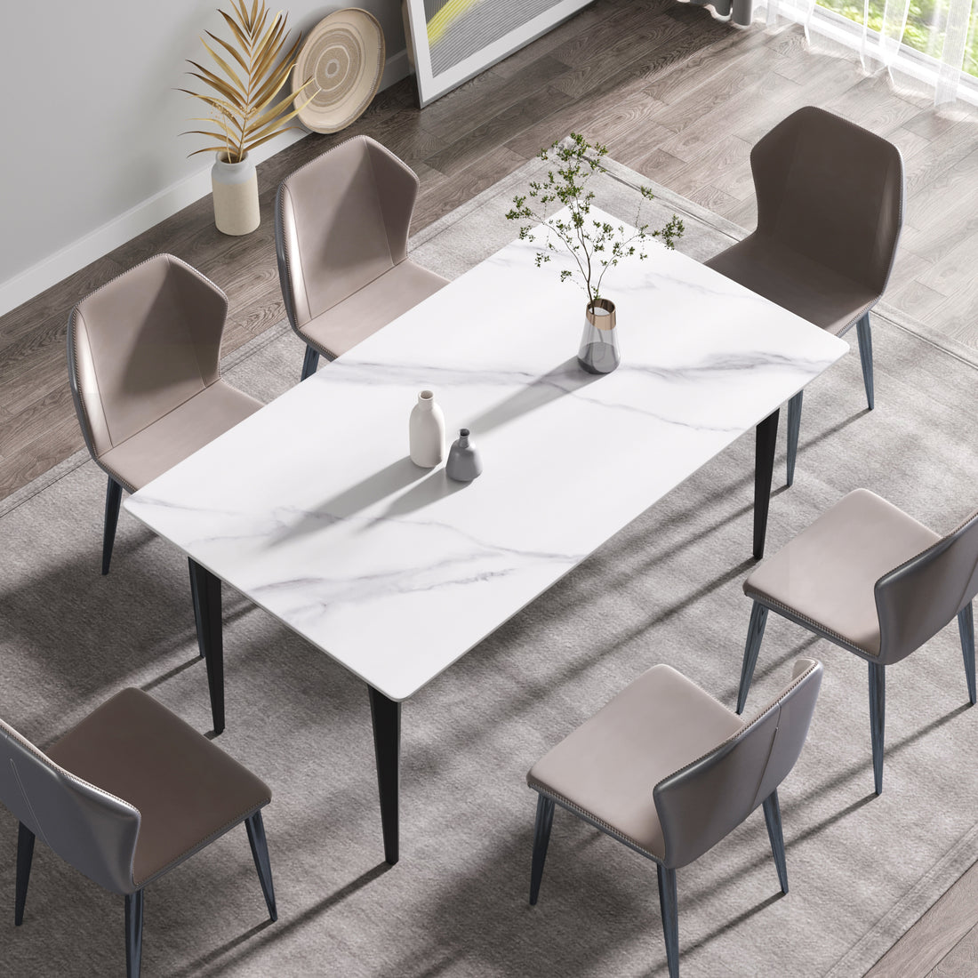 63"Modern Artificial Stone White Straight Edge Black Metal Leg Dining Table 6 People White Metal Sintered Stone