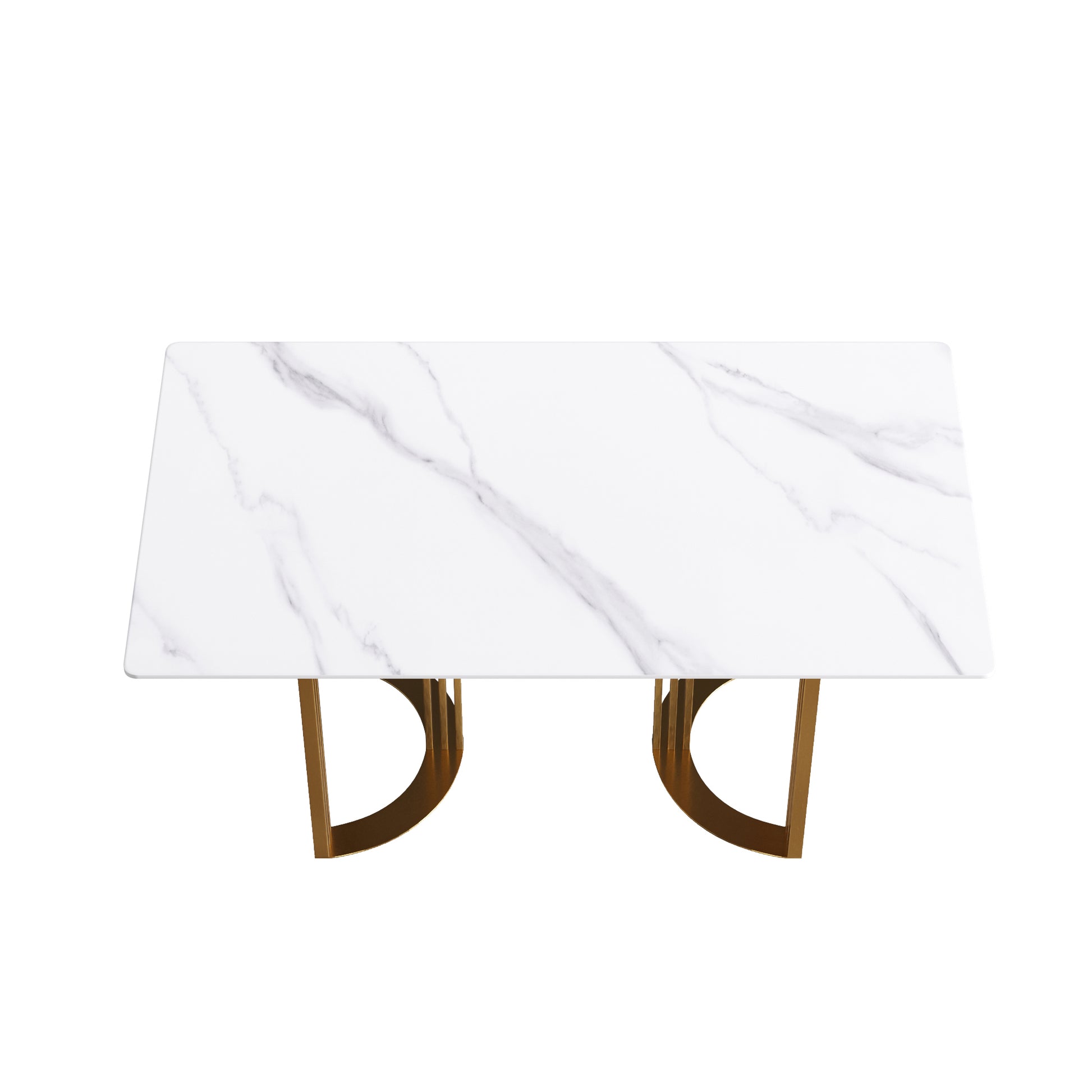 63"Modern Artificial Stone White Straight Edge Golden Metal Leg Dining Table 6 People White Metal Sintered Stone