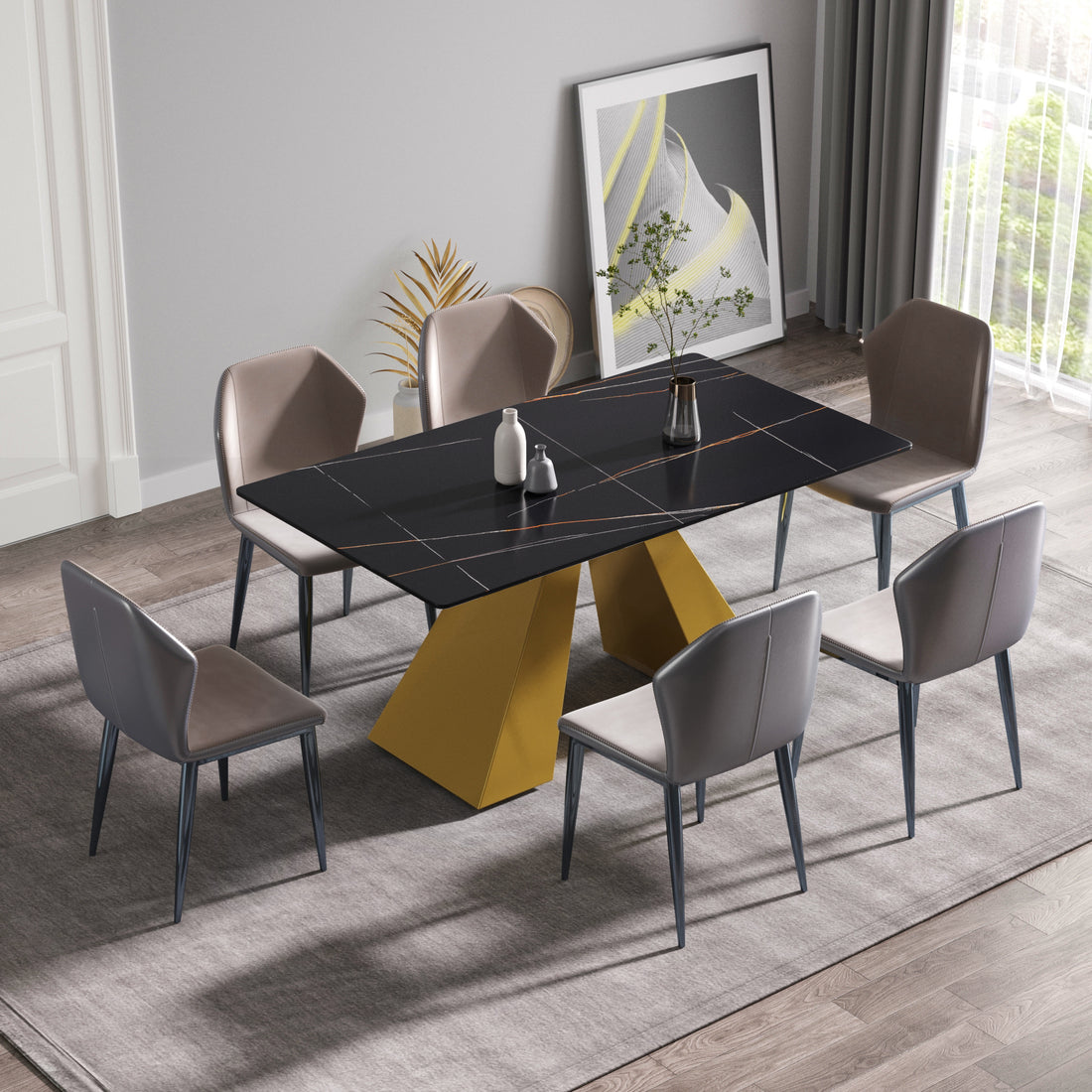 63"Modern Artificial Stone Black Straight Edge Golden Metal Leg Dining Table 6 People Black Metal Sintered Stone