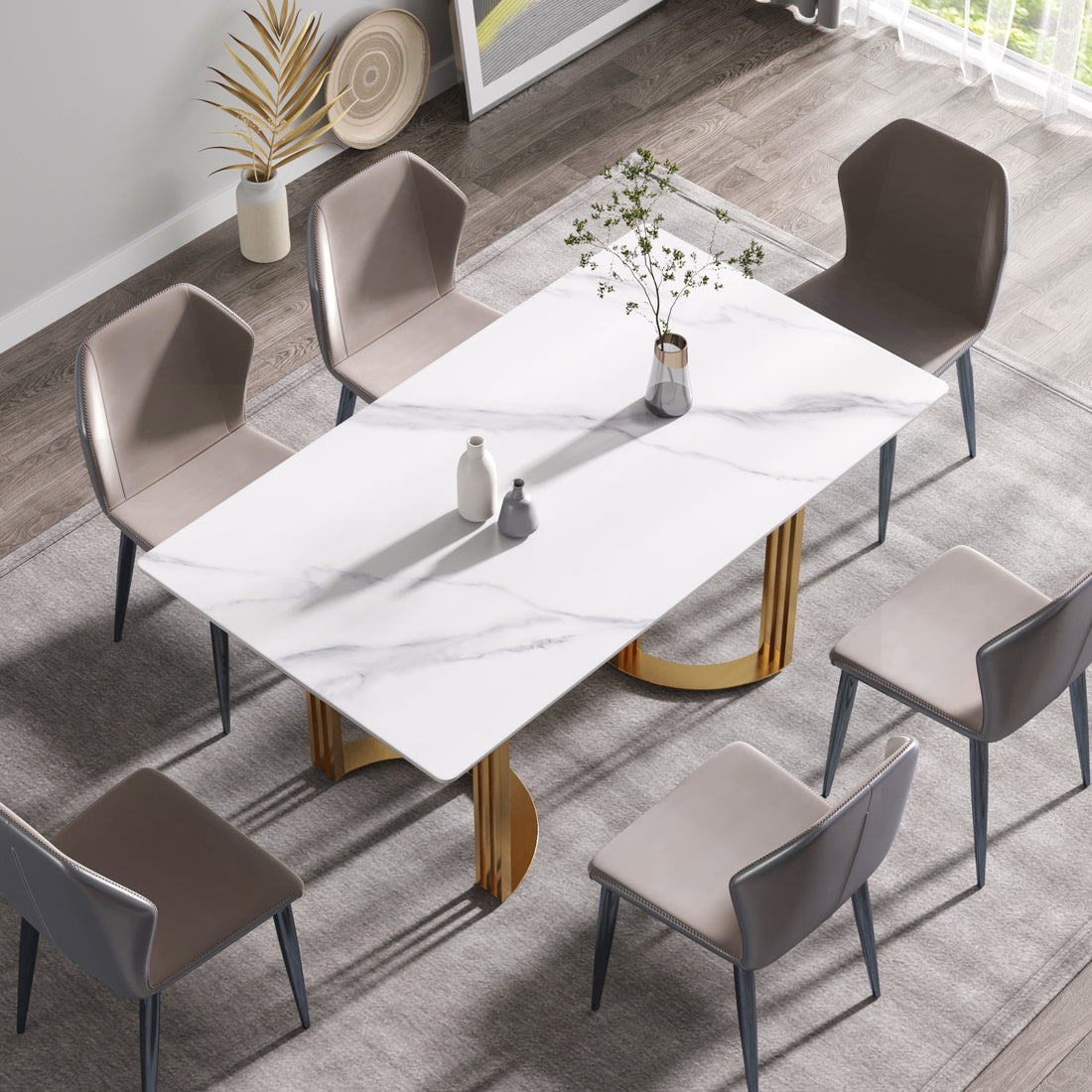 63"Modern Artificial Stone White Straight Edge Golden Metal Leg Dining Table 6 People White Metal Sintered Stone
