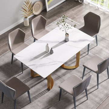 63"Modern Artificial Stone White Straight Edge Golden Metal Leg Dining Table 6 People White Metal Sintered Stone