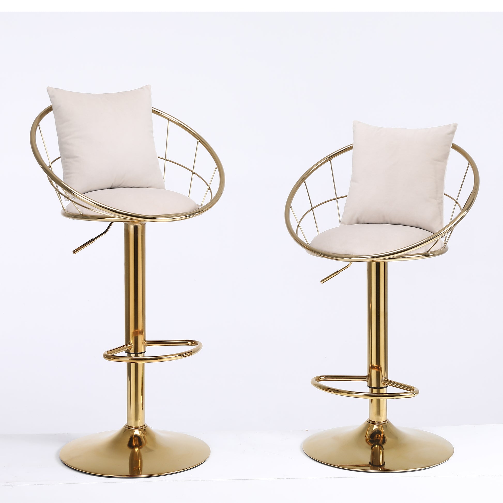 Off White Velvet Bar Chair, Pure Gold Plated, Unique Design,360 Degree Rotation, Adjustable Height,Suitable For Dinning Room And Bar,Set Of 2 Off White Velvet