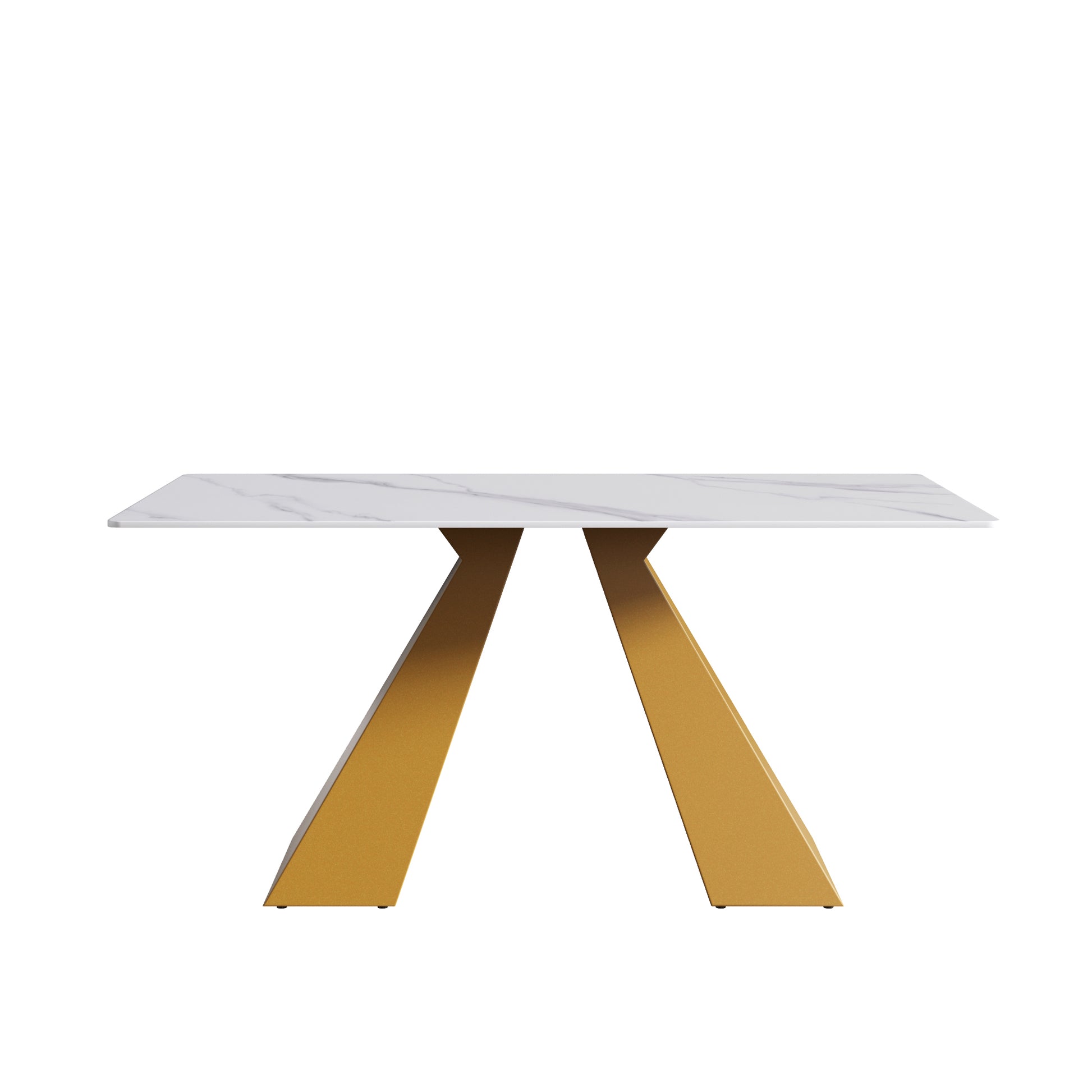 63"Modern Artificial Stone White Straight Edge Golden Metal Leg Dining Table 6 People White Metal Sintered Stone