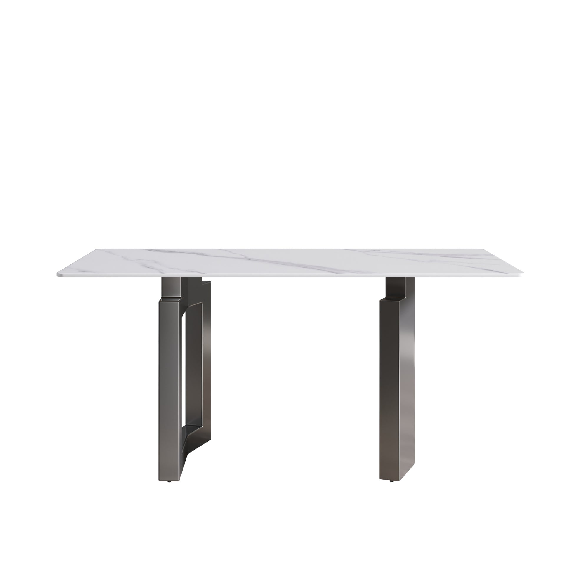 63"Modern Artificial Stone White Straight Edge Black Metal Leg Dining Table 6 People White Metal Sintered Stone