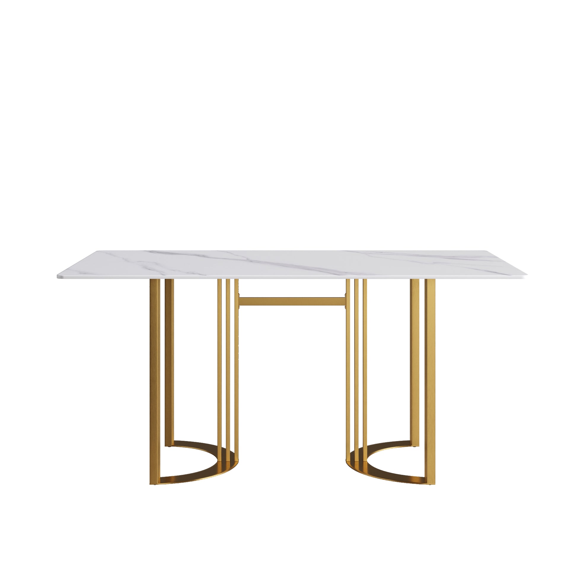 63"Modern Artificial Stone White Straight Edge Golden Metal Leg Dining Table 6 People White Metal Sintered Stone
