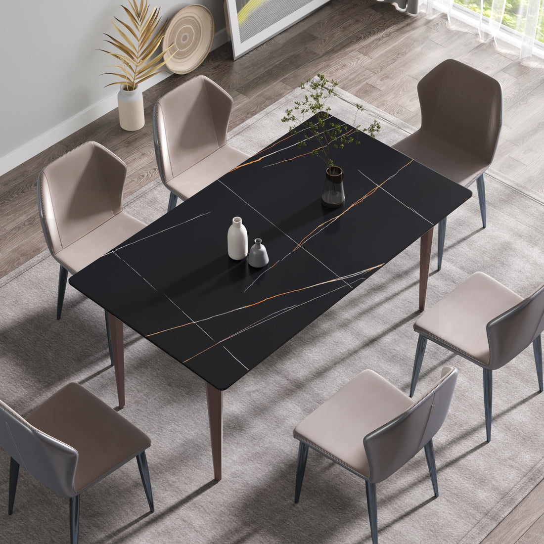 63"Modern Artificial Stone Black Straight Edge Metal Leg Dining Table 6 People Black Metal Sintered Stone
