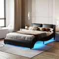 Queen Size Upholstered Faux Leather Platform Bed With Led Light Bed Frame With Slatted Black Queen Black Solid Wood