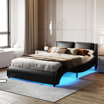 Queen Size Upholstered Faux Leather Platform Bed With Led Light Bed Frame With Slatted Black Queen Black Solid Wood