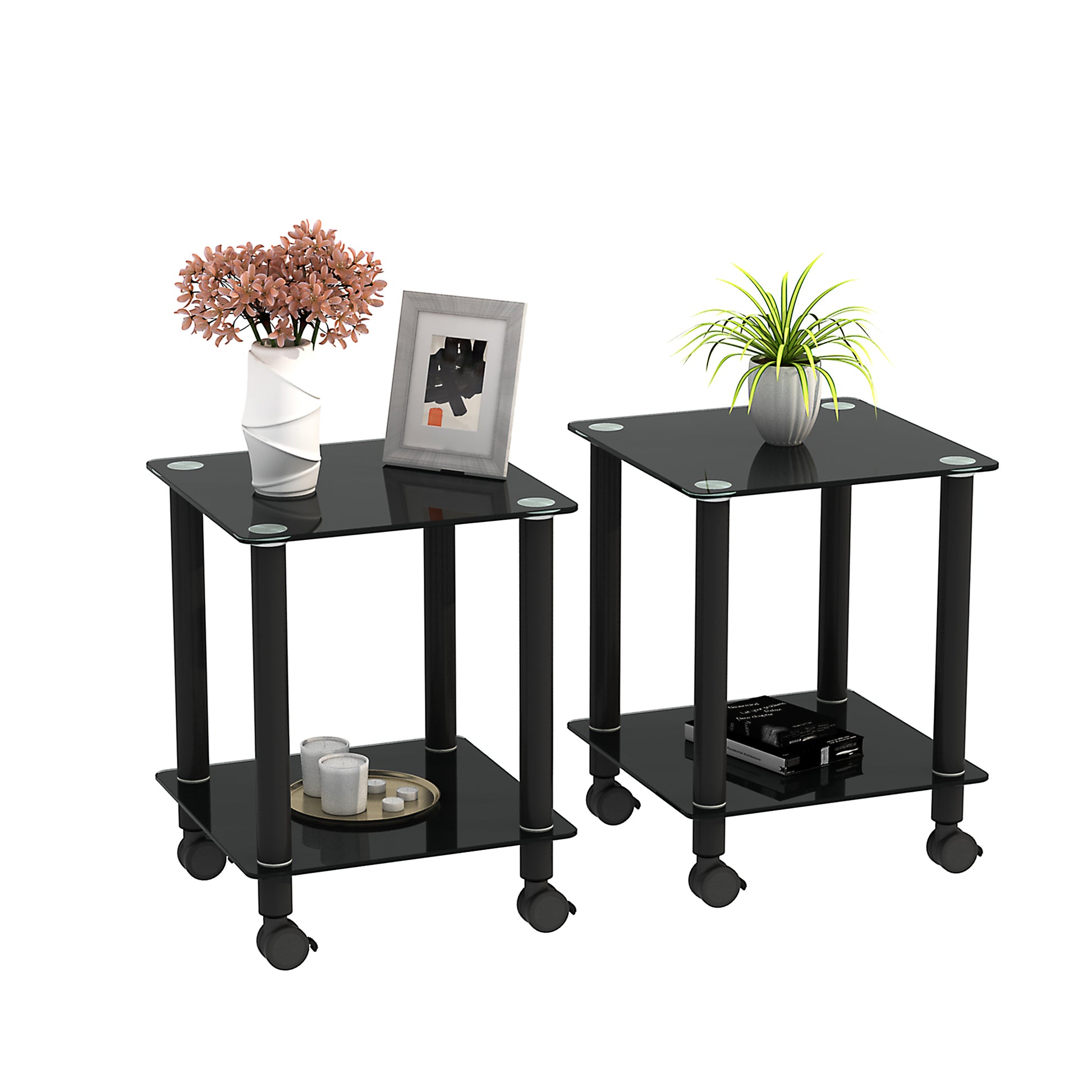 2 Piece Black Side Table2 Tier Space End Table ,Modern Night Stand, Sofa Table, Side Table With Storage Shelve Black Glass