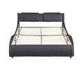 Queen Size Upholstered Faux Leather Platform Bed With Led Light Bed Frame With Slatted Black Queen Black Solid Wood