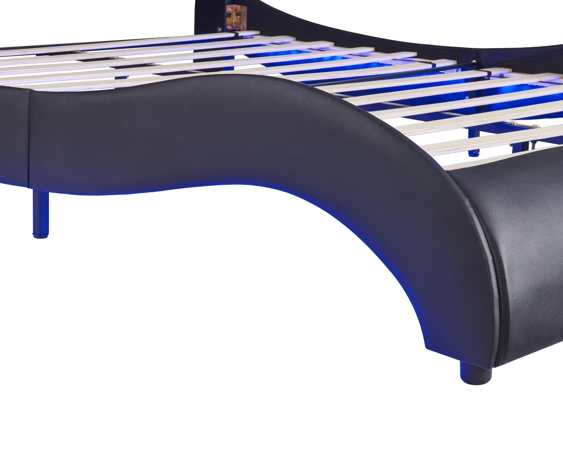 Queen Size Upholstered Faux Leather Platform Bed With Led Light Bed Frame With Slatted Black Queen Black Solid Wood