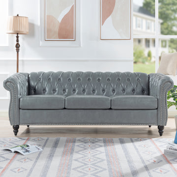 84.65" Rolled Arm Chesterfield 3 Seater Sofa. Grey Foam Pu