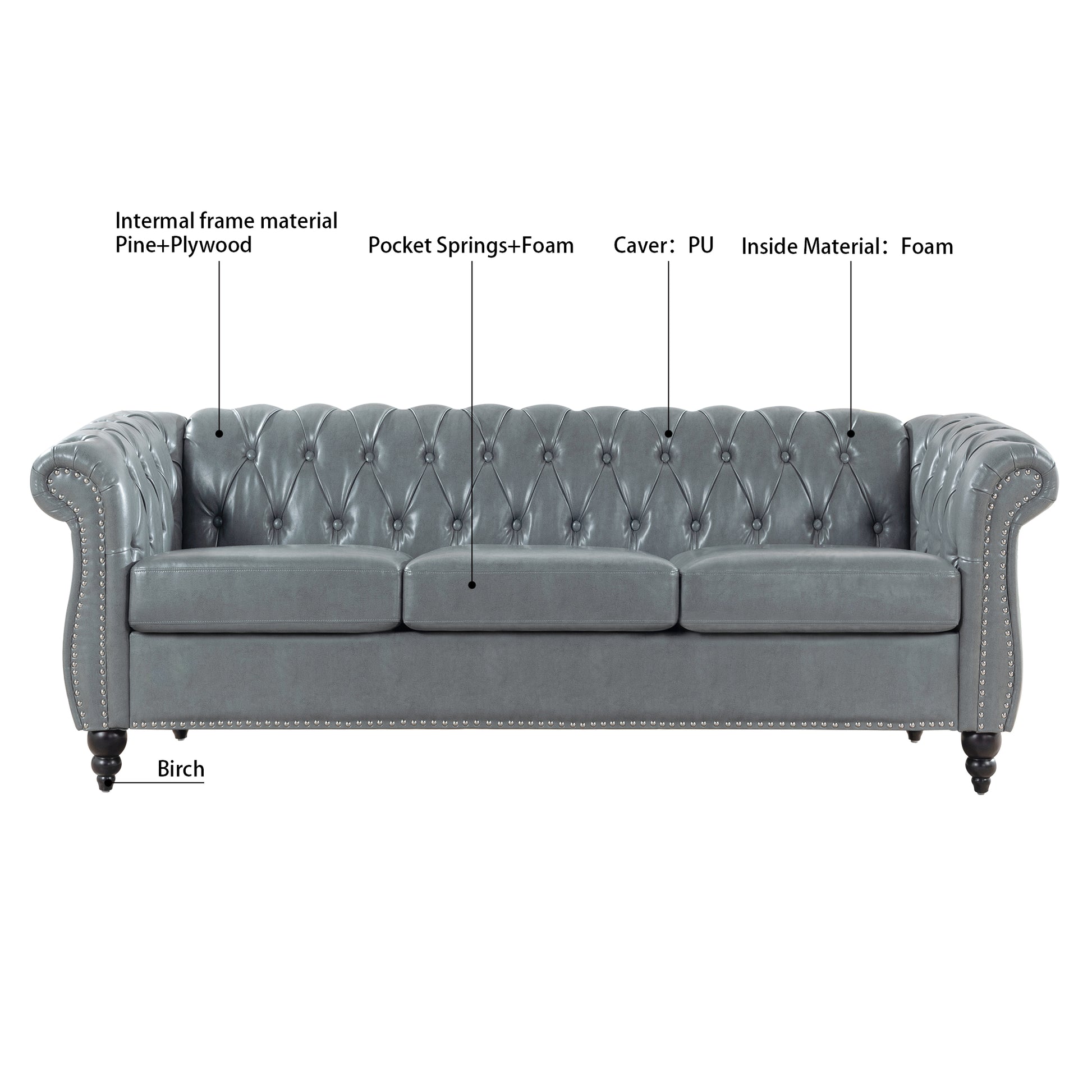 84.65" Rolled Arm Chesterfield 3 Seater Sofa. Grey Foam Pu