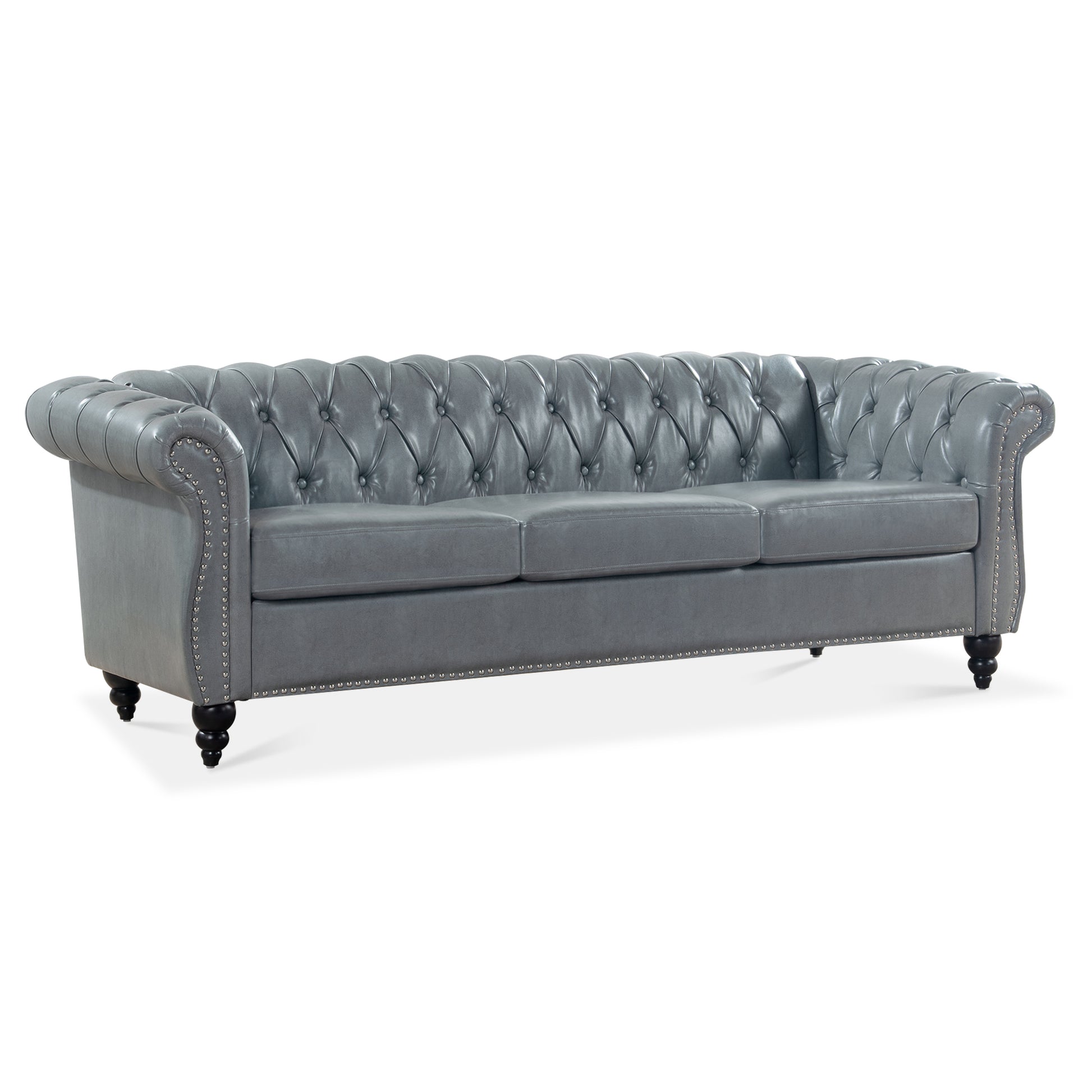 84.65" Rolled Arm Chesterfield 3 Seater Sofa. Grey Foam Pu