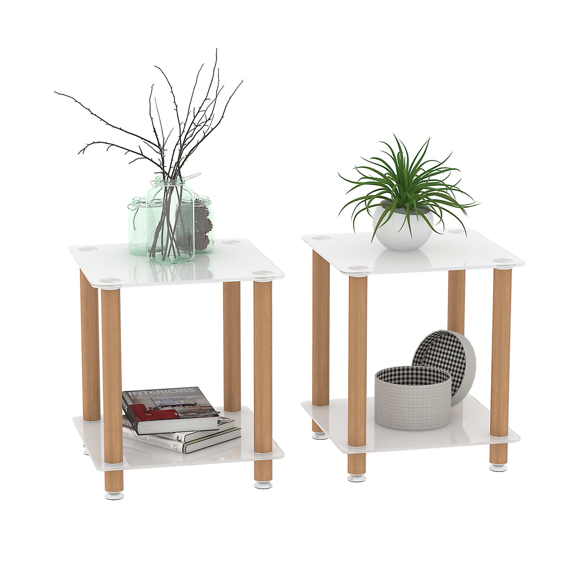 2 Piece White Oak Side Table2 Tier Space End Table ,Modern Night Stand, Sofa Table, Side Table With Storage Shelve White Glass