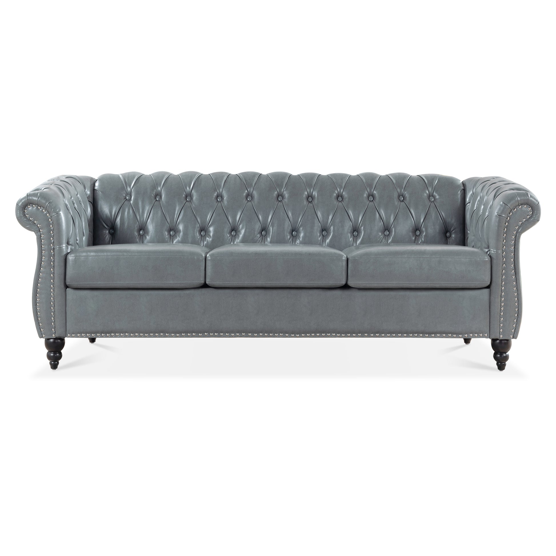 84.65" Rolled Arm Chesterfield 3 Seater Sofa. Grey Foam Pu
