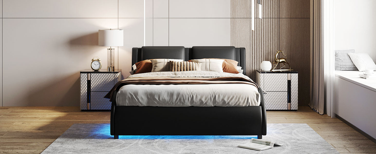 Queen Size Upholstered Faux Leather Platform Bed With Led Light Bed Frame With Slatted Black Queen Black Solid Wood