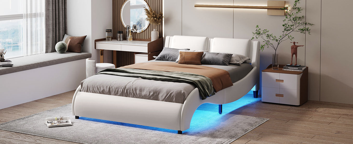 Full Size Upholstered Faux Leather Platform Bed With Led Light Bed Frame With Slatted White Full White Solid Wood