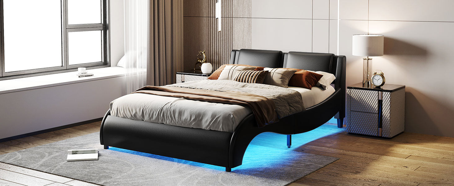 Queen Size Upholstered Faux Leather Platform Bed With Led Light Bed Frame With Slatted Black Queen Black Solid Wood