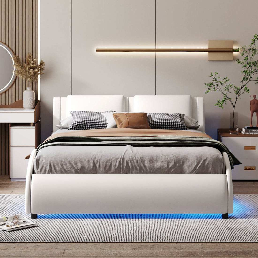 Full Size Upholstered Faux Leather Platform Bed With Led Light Bed Frame With Slatted White Full White Solid Wood