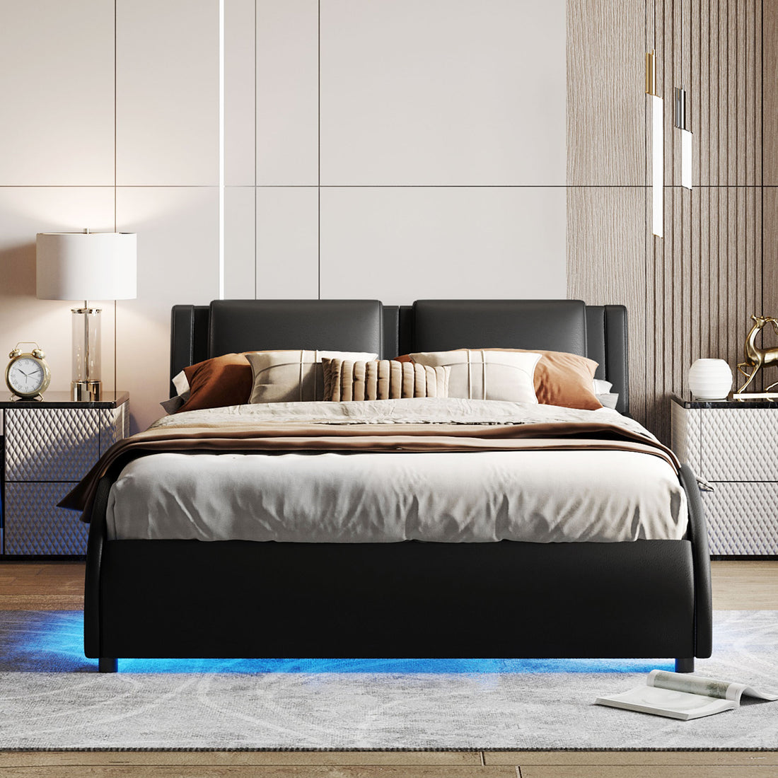 Queen Size Upholstered Faux Leather Platform Bed With Led Light Bed Frame With Slatted Black Queen Black Solid Wood
