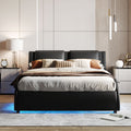 Queen Size Upholstered Faux Leather Platform Bed With Led Light Bed Frame With Slatted Black Queen Black Solid Wood