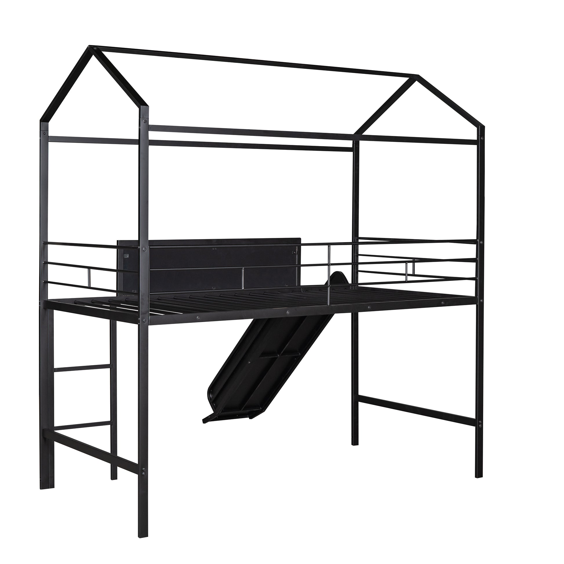 Metal House Bed With Slide, Twin Size Metal Loft Bed With Two Sided Writable Wooden Board Black Black Metal