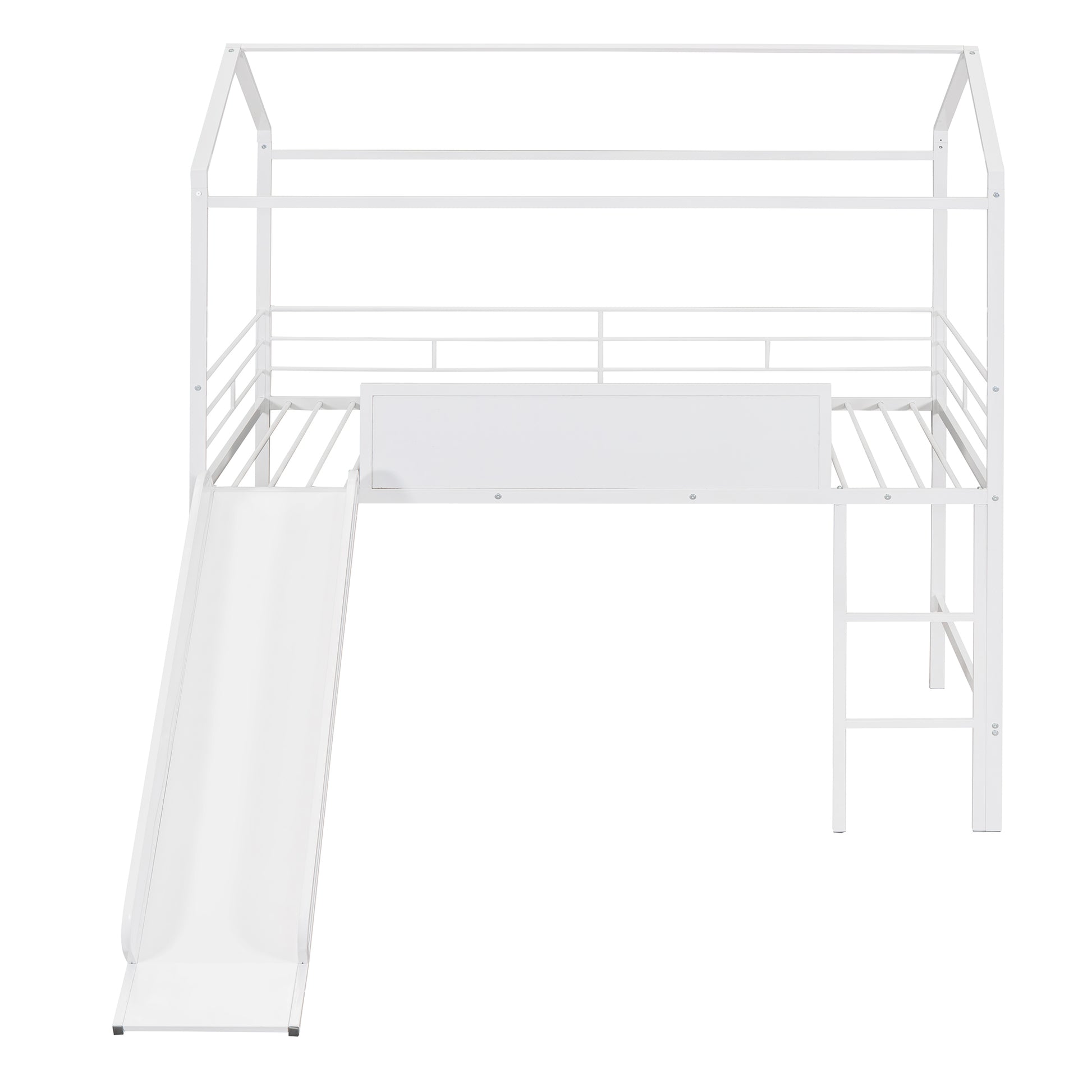 Metal House Bed With Slide, Twin Size Metal Loft Bed With Two Sided Writable Wooden Board White White Metal