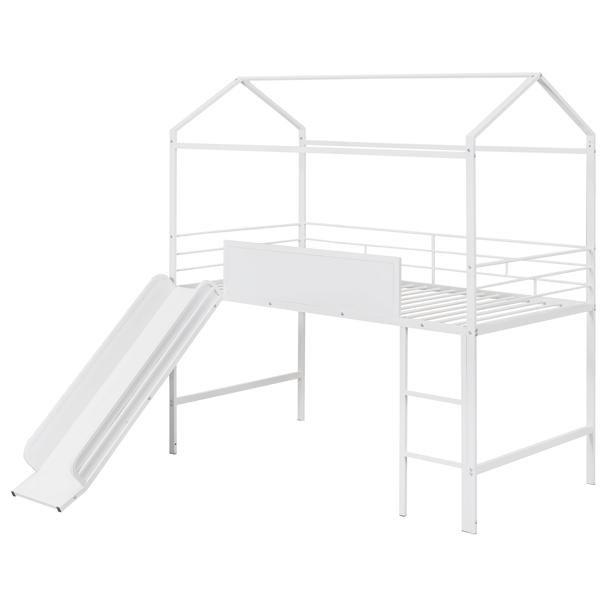 Metal House Bed With Slide, Twin Size Metal Loft Bed With Two Sided Writable Wooden Board White White Metal
