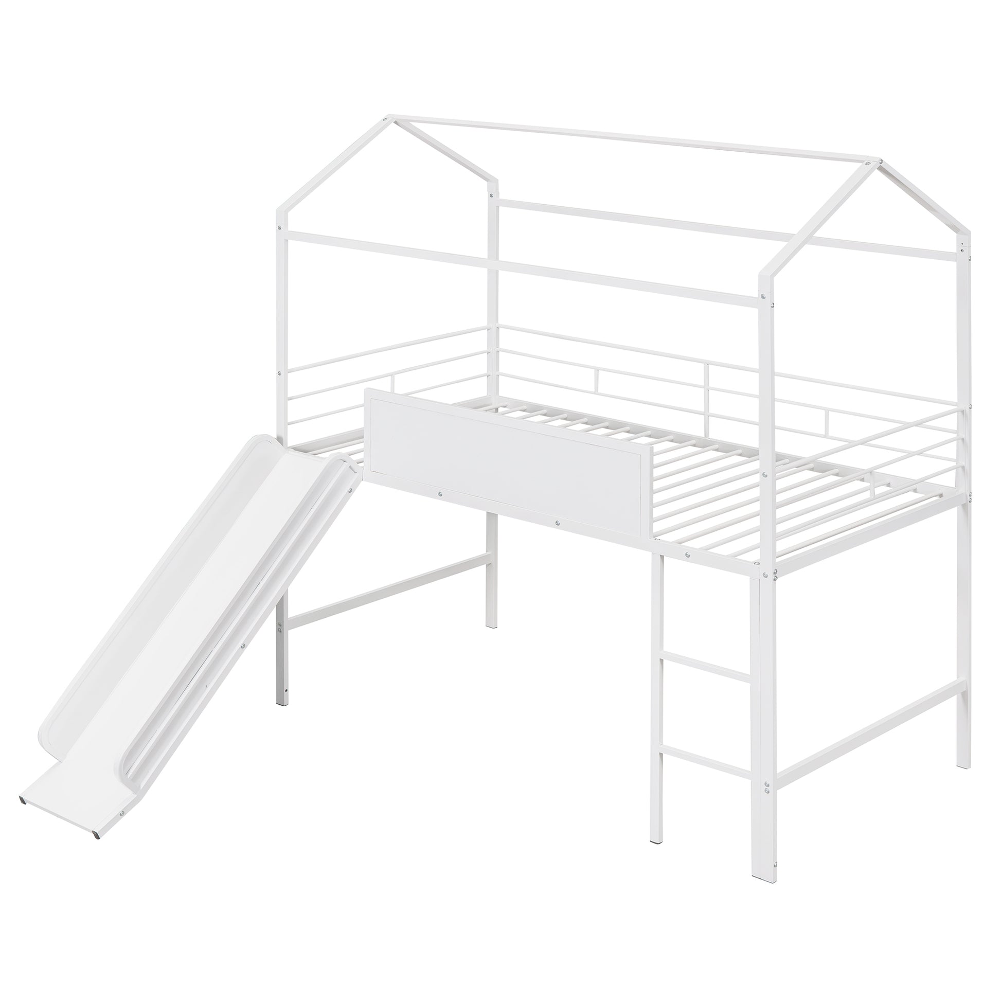 Metal House Bed With Slide, Twin Size Metal Loft Bed With Two Sided Writable Wooden Board White White Metal