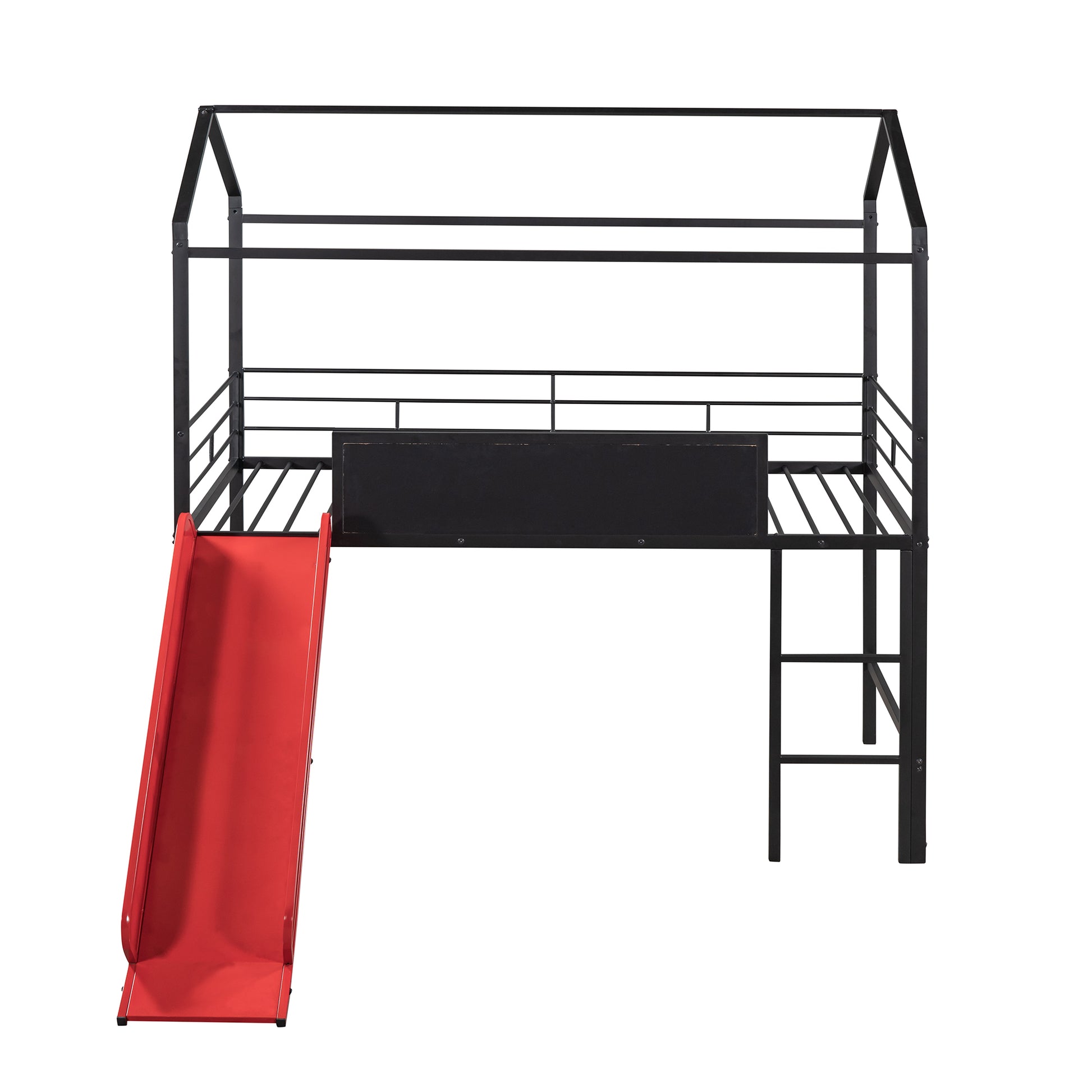 Metal House Bed With Slide, Twin Size Metal Loft Bed With Two Sided Writable Wooden Board Black And Red Black Metal