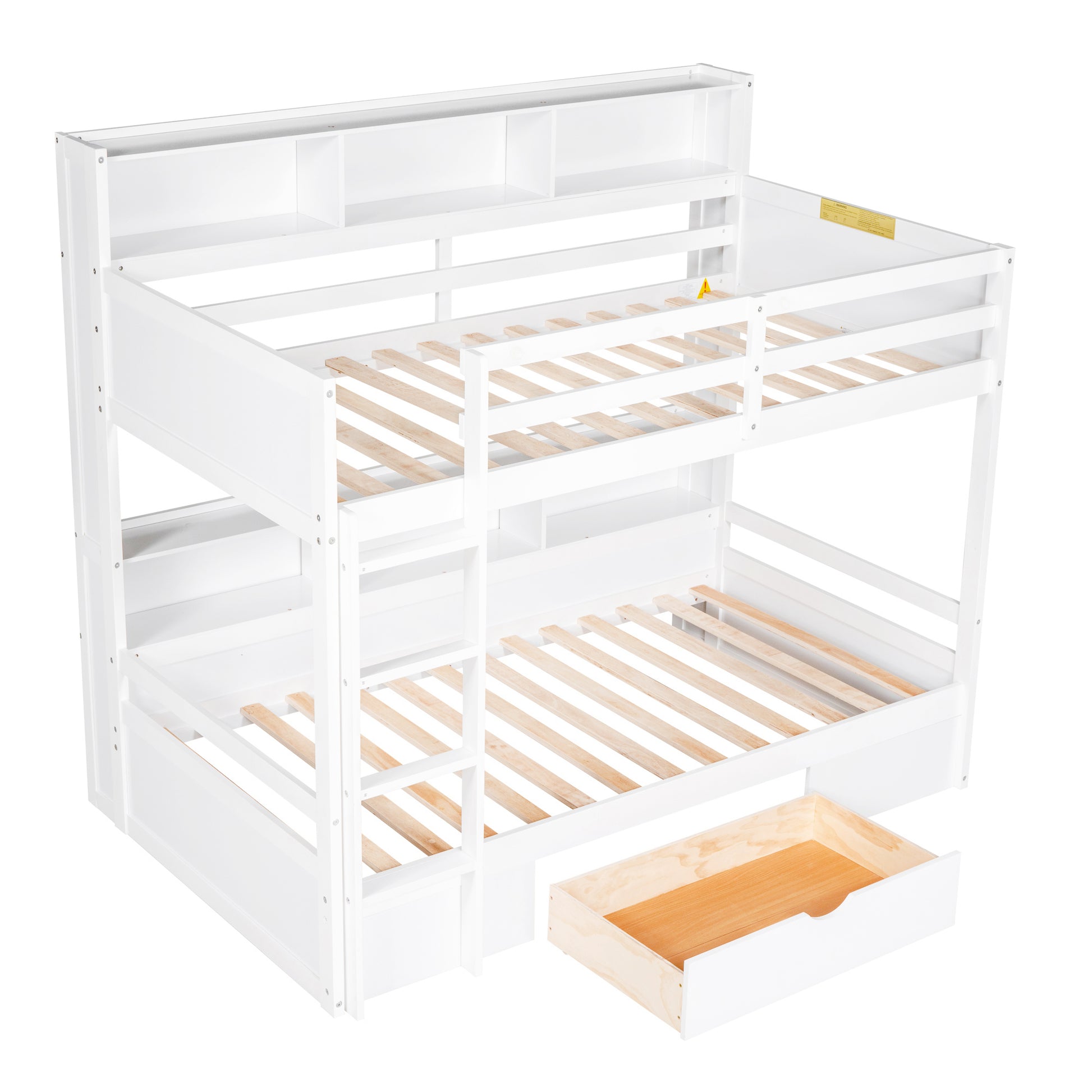 Twin Size Bunk Bed With Built In Shelves Beside Both Upper And Down Bed And Storage Drawer,White White Pine