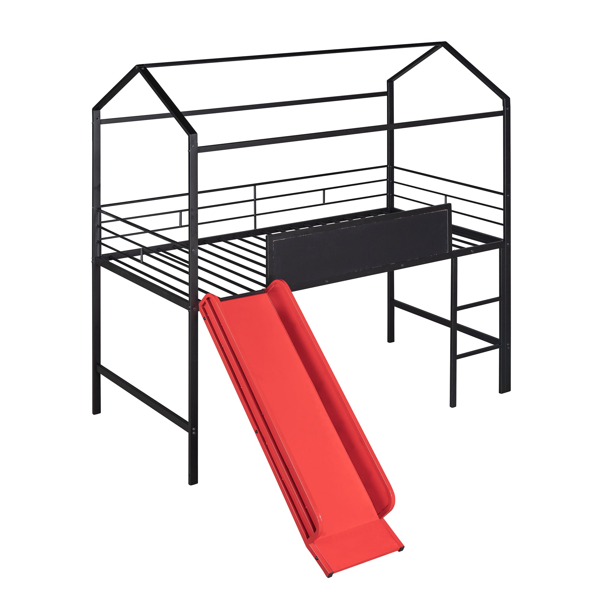 Metal House Bed With Slide, Twin Size Metal Loft Bed With Two Sided Writable Wooden Board Black And Red Black Metal