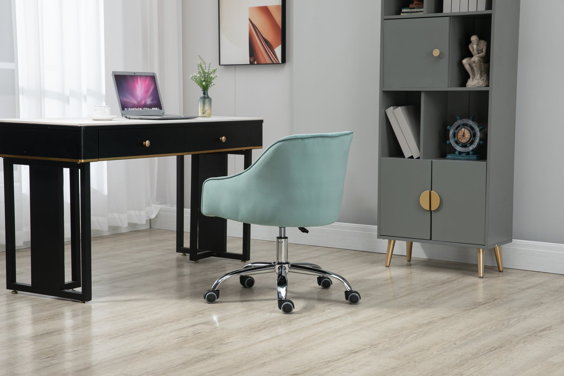 Coolmore Velvet Home Office Desk Chair, Modern Cute Computer Chair, Wheels Swivel Height Adjustable Swivel Task Chair For Home Office Mint Green Velvet Mint Green Foam Metal