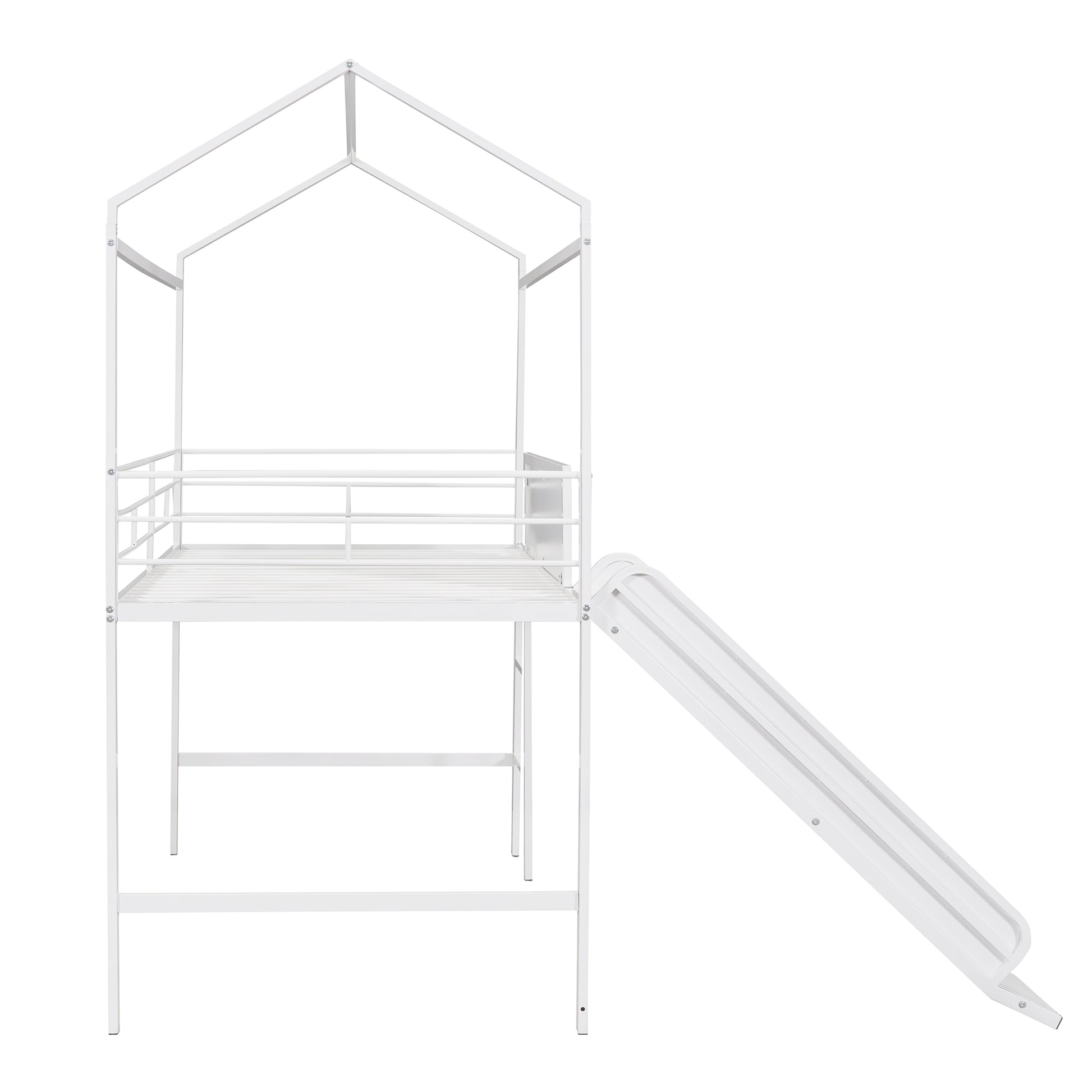 Metal House Bed With Slide, Twin Size Metal Loft Bed With Two Sided Writable Wooden Board White White Metal